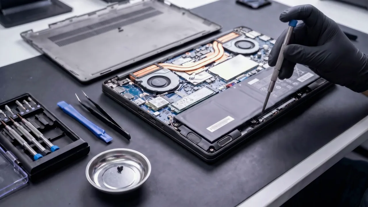 Otvoren poslovni laptop na radnom stolu: hlađenje, ventilator i baterija
