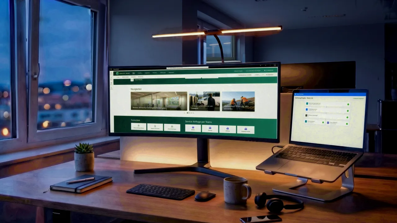 SharePoint-Intranet einer Beispielfirma auf einem Monitor