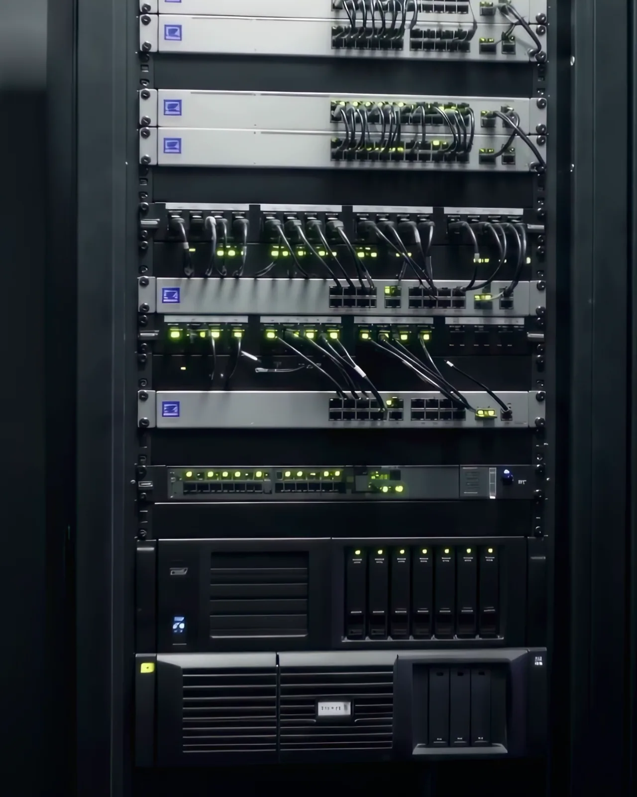Netzwerk-Rack mit Switches, Firewall, Server und NAS