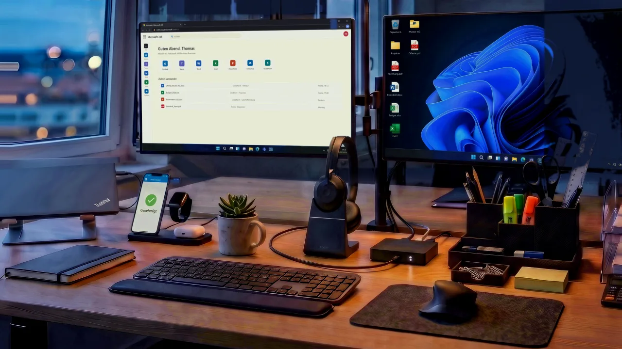 Eingerichteter Arbeitsplatz mit Monitor, Laptop und Smartphone