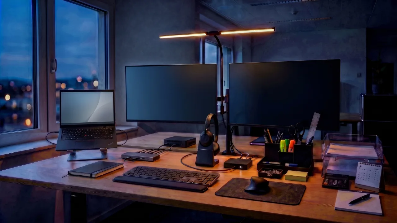 Eingerichteter Arbeitsplatz mit Laptop, Monitor, Headset und Smartphone