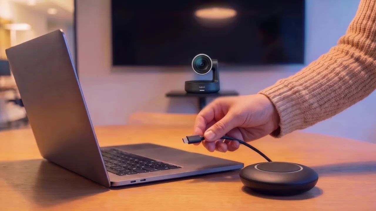 Eine Hand steckt das Kabel am Laptop ein